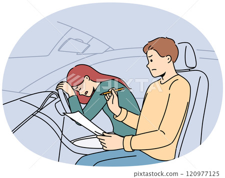 Woman failed driver license test cries, sitting in car near instructor making mark on clipboard. 120977125