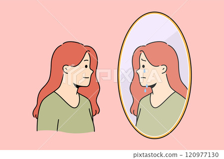 Bipolar disorder in woman smiling but feeling suffering in soul, and looking in mirror Bipolar disorder in woman smiling but feeling suffering in soul, and looking in mirror 120977130
