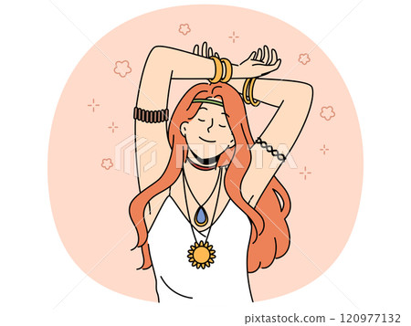 Hippie woman with amulet and bracelets on hands closes eyes, slowly dances with hands up Hippie woman with amulet and bracelets on hands closes eyes, slowly dances with hands up 120977132