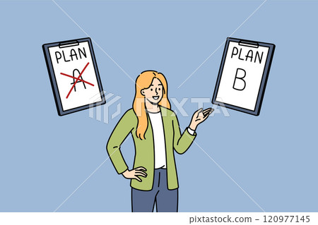 Business woman suggests alternative plan, pointing with hand at clipboard with inscription plan b 120977145