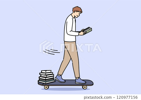 Guy student reads book and rides skateboard, preparing for exam on way home from college 120977156