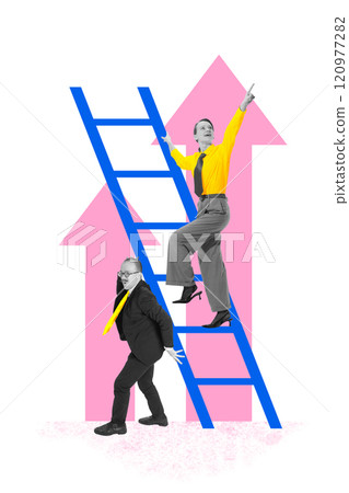 Contemporary art collage. Woman climbs ladder supported by another figure, showcasing mentorship as collaborative effort to reach higher achievements and aspirations. 120977282