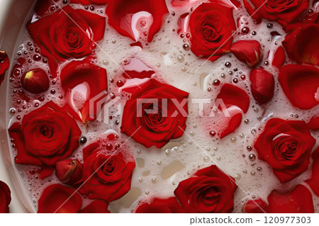 Roses and rose petals in a bathtub. Generative Ai 120977303