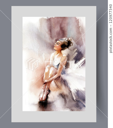 Pensive woman ballerina sits on floor and stretches out socks on wall art. Watercolor artwork Pensive woman ballerina sits on floor and stretches out socks on wall art. Watercolor artwork 120977340