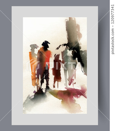 Dark city with silhouettes of people wandering streets at night on poster. Watercolor artwork 120977341