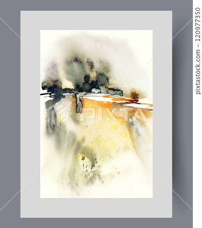 Painting with abstract scenery and environment from strokes of watercolor paint on horizon Painting with abstract scenery and environment from strokes of watercolor paint on horizon 120977350