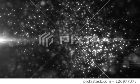 Abstract bokeh effect with white light particles on a black background, resembling floating stars in a cosmic void 120977375