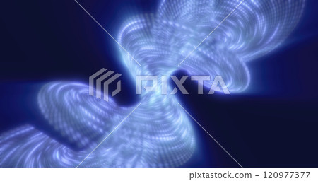 Abstract digital art depicting a flow of light particles forming a wave shape in vivid blue, symbolizing technology, energy, and futuristic design 120977377