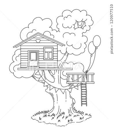 Cute tree house. Vector illustration in doodle style. Coloring book, tree house. Cute tree house. Vector illustration in doodle style. Coloring book, tree house. 120977510