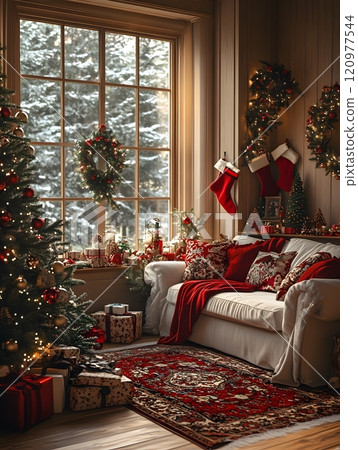 Warm atmosphere during Christmas gives feeling of happiness, peace and friendliness, used as advertisement, decoration during Christmas season to create impressive atmosphere and attract the audience 120977544
