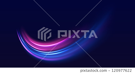 Speed police line. Laser beams, horizontal light rays. Magic shining neon light line trails. Purple glowing wave swirl, impulse cable lines. High speed effect motion blur night lights 120977622