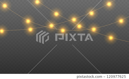 Christmas lights on a transparent background. Decorative element for greeting cards, invitations, backgrounds, business cards. Christmas light PNG. Vector illustration EPS10 120977625