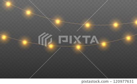 Christmas lights on a transparent background. Decorative element for greeting cards, invitations, backgrounds, business cards. Christmas light PNG. Vector illustration EPS10 120977631