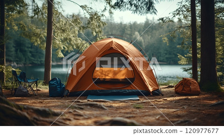 Beautiful campsite. Warm sunlight shine through the mountains onto green field. The lake and tranquil valley are visible in the background. We will experience an adventure amidst the beauty of nature. 120977677