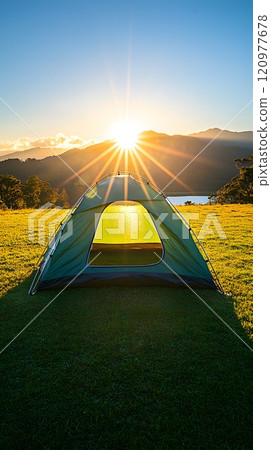 Beautiful campsite. Warm sunlight shine through the mountains onto green field. The lake and tranquil valley are visible in the background. We will experience an adventure amidst the beauty of nature. 120977678