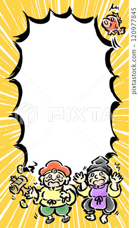 Surprised Ebisu and Daikokuten, speech bubble concentration lines, vertical 9:16 ratio pop art 120977845