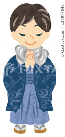 一個穿著和服的男人雙手合十祈禱的插圖 120977849