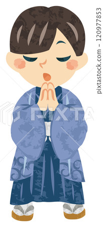 一個穿著褲裙雙手合十祈禱的男孩的插圖 120977853