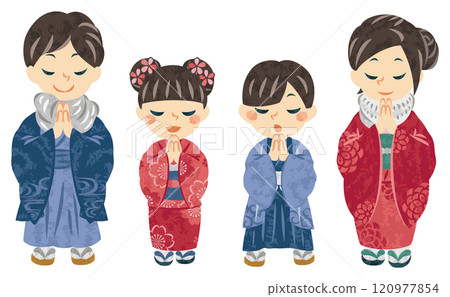 元旦一家人穿著和服雙手合十祈禱的插畫 120977854