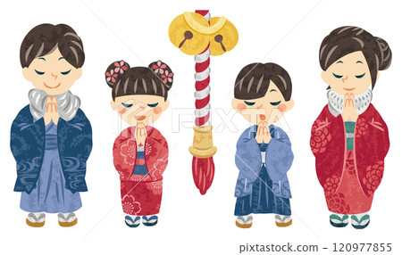 元旦一家人穿著和服雙手合十祈禱的插畫 120977855