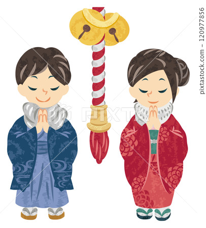 新年拜訪期間，一男一女穿著和服雙手合十祈禱的插圖 120977856