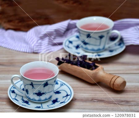 Two cups of herbal tea from dried flowers of Wild mallow, lat.  Malva sylvestris. 120978031