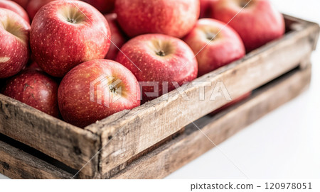 Freshly harvested red apples in wooden crate for farm produce display and autumn decor 120978051