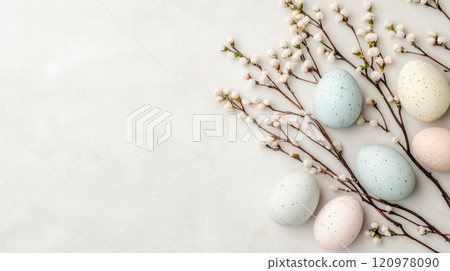 A delicate arrangement of pussy willow branches adorned with fabric eggs and rustic wooden elements under soft lighting A delicate arrangement of pussy willow branches adorned with fabric eggs and rustic wooden elements under soft lighting 120978090