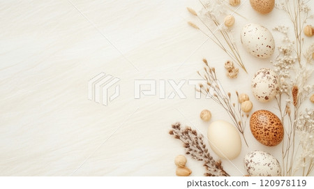 Easter eggs with macrame and dried flowers on a light beige tablecloth for vibrant spring decor 120978119