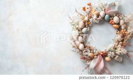 A pastel Easter wreath with ribbons, dried flowers, wooden beads, and small eggs decorates a gray wall 120978122