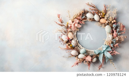 Easter macrame wreath with ribbons, dried flowers, wooden beads, and eggs, all in soft lighting 120978124