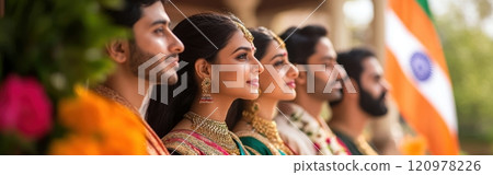 Close-up view of five south Indian people proudly standing side by side next to Indian flag, wearing national clothes. 120978226