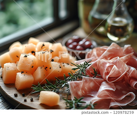 Parma Ham with cantaloupe is a perfect match, giving a feeling of freshness, luxury and taste. Suitable for use in food advertising media, menu presentations or premium dining lifestyle content. 120978259