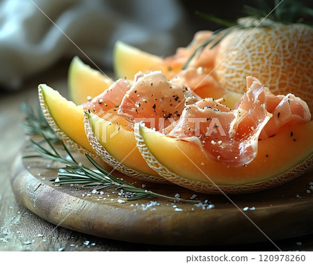 Parma Ham with cantaloupe is a perfect match, giving a feeling of freshness, luxury and taste. Suitable for use in food advertising media, menu presentations or premium dining lifestyle content. 120978260