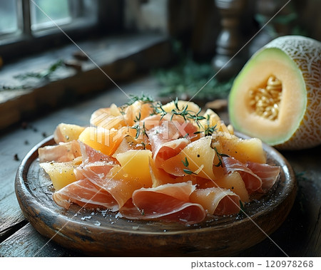 Parma Ham with cantaloupe is a perfect match, giving a feeling of freshness, luxury and taste. Suitable for use in food advertising media, menu presentations or premium dining lifestyle content. 120978268