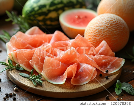 Parma Ham with cantaloupe is a perfect match, giving a feeling of freshness, luxury and taste. Suitable for use in food advertising media, menu presentations or premium dining lifestyle content. 120978298