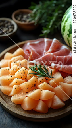 Parma Ham with cantaloupe is a perfect match, giving a feeling of freshness, luxury and taste. Suitable for use in food advertising media, menu presentations or premium dining lifestyle content. 120978302