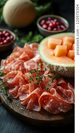 Parma Ham with cantaloupe is a perfect match, giving a feeling of freshness, luxury and taste. Suitable for use in food advertising media, menu presentations or premium dining lifestyle content. 120978304