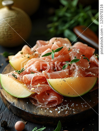 Parma Ham with cantaloupe is a perfect match, giving a feeling of freshness, luxury and taste. Suitable for use in food advertising media, menu presentations or premium dining lifestyle content. Parma Ham with cantaloupe is a perfect match, giving a feeling of freshness, luxury and taste. Suitable for use in food advertising media, menu presentations or premium dining lifestyle content. 120978316