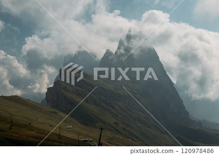 Experience the breathtaking Majestic Seceda Peaks in the beautiful Dolomites mountain range of Italy Experience the breathtaking Majestic Seceda Peaks in the beautiful Dolomites mountain range of Italy 120978486