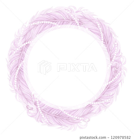 Carnival pink feather with pearls frame border. Hand drawn watercolor masquerade illustration isolated on white background. Can be used for postcard, label, scrapbook and other printed products. Carnival pink feather with pearls frame border. Hand drawn watercolor masquerade illustration isolated on white background. Can be used for postcard, label, scrapbook and other printed products. 120978582