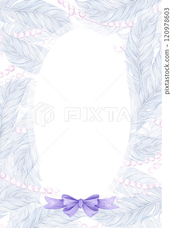 Carnival blue feathers with pearls and bow frame border. Hand drawn watercolor masquerade illustration isolated on white background. Can be used for postcard, invitation and other printed products. Carnival blue feathers with pearls and bow frame border. Hand drawn watercolor masquerade illustration isolated on white background. Can be used for postcard, invitation and other printed products. 120978603