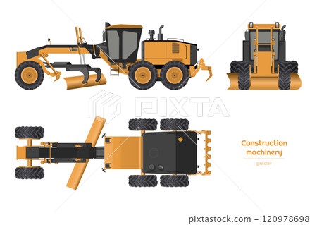 Isolated grader drawing. Industrial transport. Side, top and front view of construction vehicle. 3D orange machine blueprint Isolated grader drawing. Industrial transport. Side, top and front view of construction vehicle. 3D orange machine blueprint 120978698