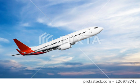Commercial airplane flying in the sky with cloudscapes background 120978743
