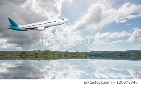 Commercial airplane flying in the sky above the lakes with cloudscapes background Commercial airplane flying in the sky above the lakes with cloudscapes background 120978746