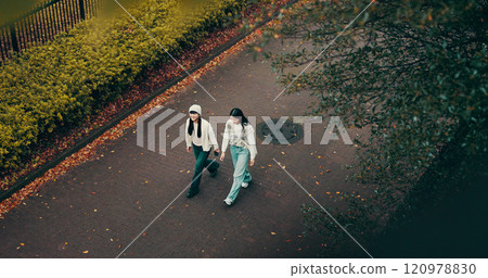 Japanese women, above and outdoor with walking for friendship, break and adventure in road. Female people, nature and park in bonding together as university students for holiday, travel snd vacation 120978830