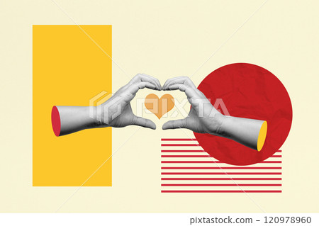 A human hand with a heart gesture showing a heart inside it with a colored background 120978960