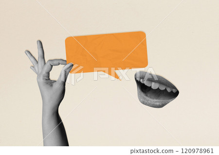 A human hand holding a empty speech bubble from a human mouth on a colored background A human hand holding a empty speech bubble from a human mouth on a colored background 120978961