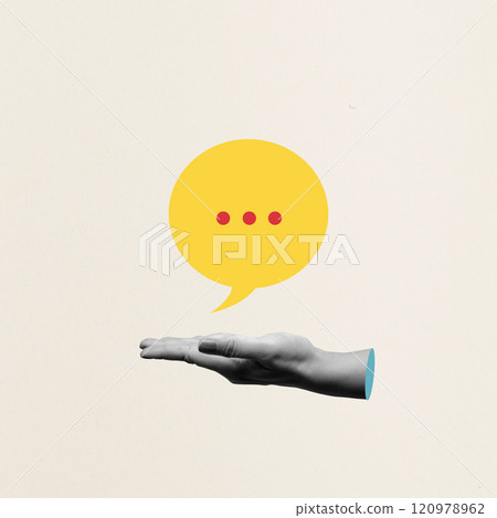 A human hand showing a speech bubble with a colored background A human hand showing a speech bubble with a colored background 120978962