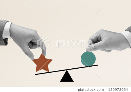 Business hand put simple geometric shapes on a seesaw with a colored background Business hand put simple geometric shapes on a seesaw with a colored background 120978964